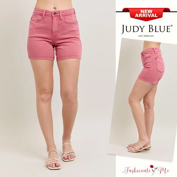 Judy Blue High Rise Waist Back Pockets Embroidery Zip Fly Denim ShortsRose